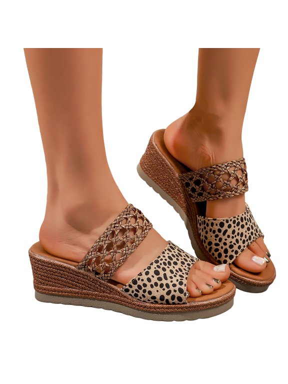Women's Leopard Crochet Wedge Slip on Sandals Fashion Casual Leather Open Toe Platform Slides Boho Beach Summer Espadrilles Chunky High Heels Dress Slippers Beige Size 6.5