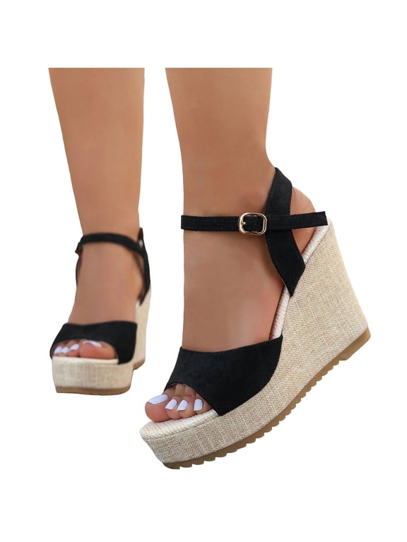Women's Leopard Extra Wedge Heels Dressy Sandals Trendy Casual Suede Peep Toe Ankle Strap Espadrilles Platform Chunky Heeled Beach Summer Dress Shoes for Ladies Black Size 9