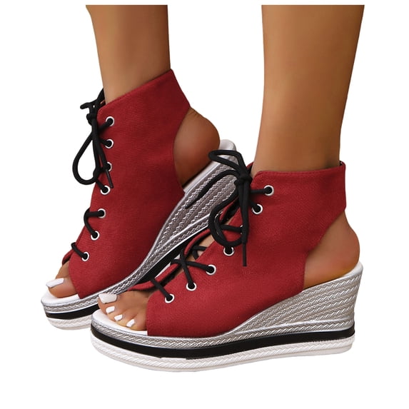 Rokment Women's Leopard High Top Fashion Sneakers Platform Wedge Sandals 2026 Summer Casual Lace up Fish Mouth Open Toe Chunky High Heels Slingback Sandals Red Size 9