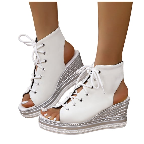 Rokment Women's Leopard High Top Fashion Sneakers Platform Wedge Sandals 2026 Summer Casual Lace up Fish Mouth Open Toe Chunky High Heels Slingback Sandals White Size 6.5