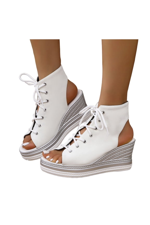 Women's Leopard High Top Fashion Sneakers Platform Wedge Sandals 2026 Summer Casual Lace up Fish Mouth Open Toe Chunky High Heels Slingback Sandals White Size 10.5