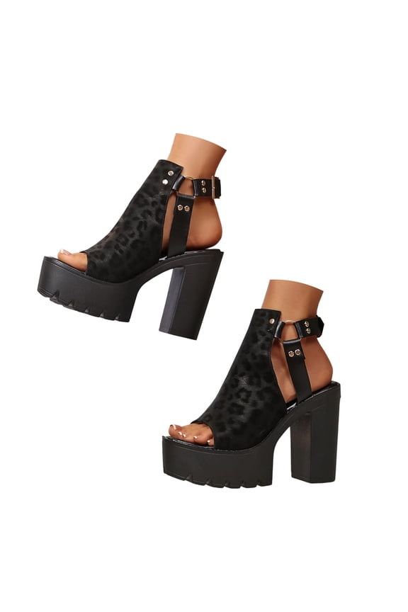 Women's Leopard Platform Dressy Sandals Trendy Casual Open Toe Ankle Strap Chunky Block High Heels Backless Dress Ankle Boots for Ladies