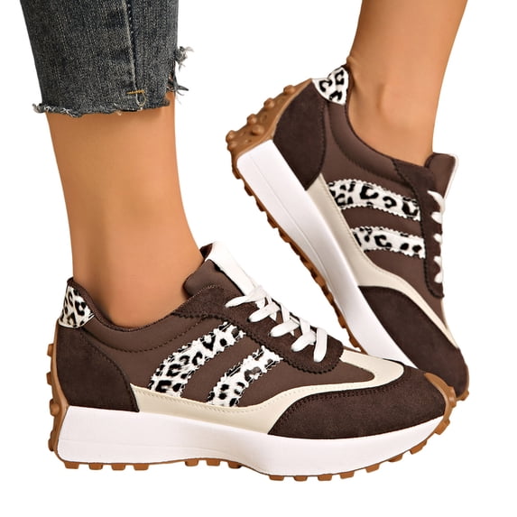 Rokment Women's Leopard Platform Fashion Sneakers Trendy Casual Color Block Suede Lace up Skateboard Tennis Walking Running Shoes for Woman Brown Size 9.5