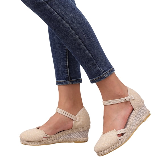 Rokment Women's Linen Espadrilles Wedges Dress Sandals Beach Summer Breathable Retro Closed Toe Platform High Heels Ankle Strap Dressy Sandals for Boho Bride Wedding Beige Size 6