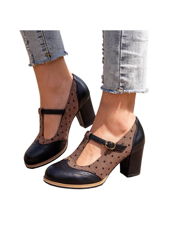 Women's Mary Jane Shoes Polka Dot Block High Heels Pumps Vintage Leather Patchwork Ankle Strap Closed Toe Dress Ballet Flat Dress Shoes