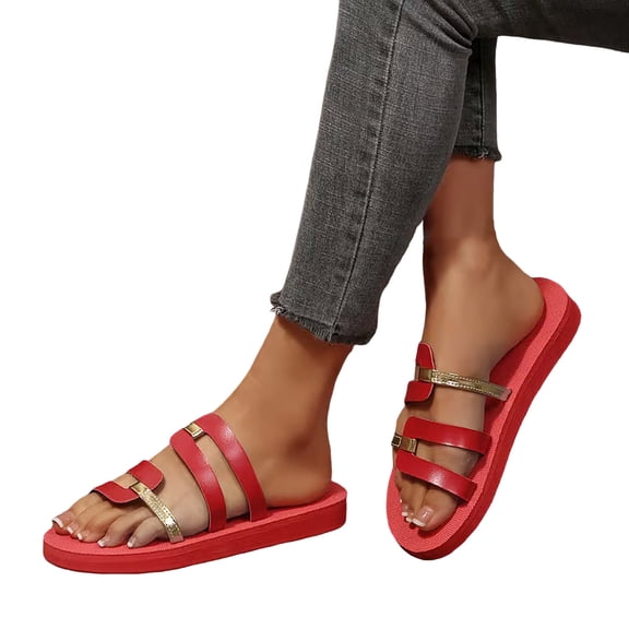 Rokment Women's Memory Foam Cushioned Platform Slip on Sandals Stylish Casual Metallic Patchwork Thick Sole Yoga Mat Dress Flat Comfortable Walking Slippers for Beach Vacation Summer Red Size 9.5