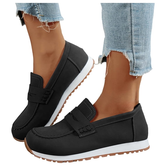 Rokment Women's Memory Foam Slip on Penny Loafers Walking Shoes Trendy Casual Leather Low Heel Non Slip Work Sneakers Black Size 8