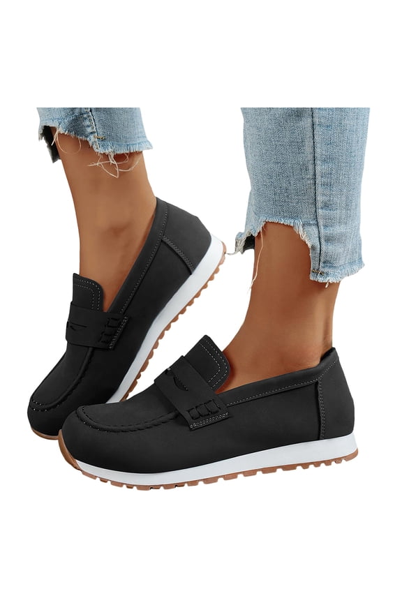 Women's Memory Foam Slip on Penny Loafers Walking Shoes Trendy Casual Leather Low Heel Non Slip Work Sneakers Black Size 9.5