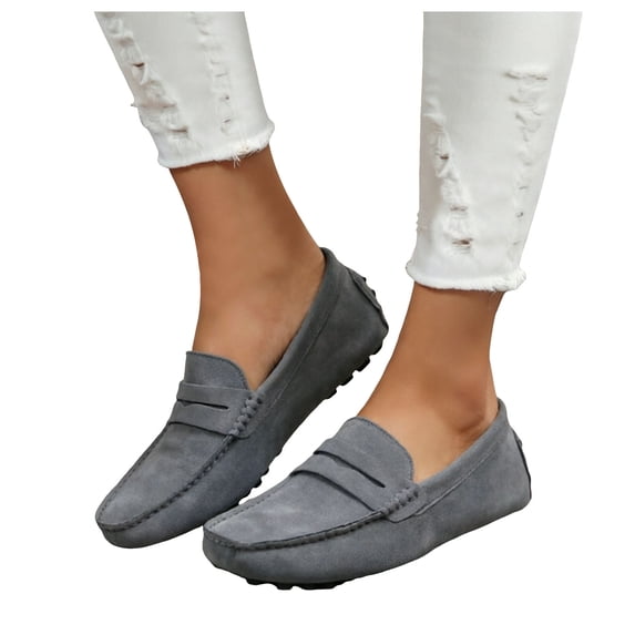 Rokment Women's Men's Moccasines Slip on Penny Loafers Walking Shoes Classic Comfortable Suede Flat Spring Fall Casual Dress Footwear Grey Size 8.5