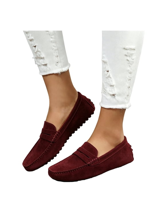 Women's Men's Moccasines Slip on Penny Loafers Walking Shoes Classic Comfortable Suede Flat Spring Fall Casual Dress Footwear Wine Size 9