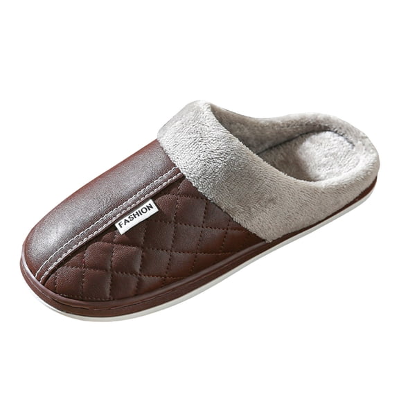 Rokment Women's Men's Winter Slippers Unisex Leather Fleece Lined Fuzzy House Shoes for Bedroom Home Indoor Cozy Warm Memory Foam Slip on Coffee Size 6