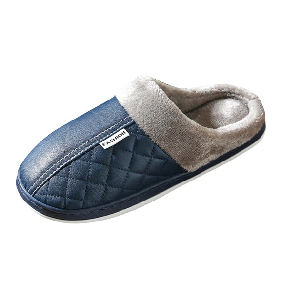Rokment Women's Men's Winter Slippers Unisex Leather Fleece Lined Fuzzy House Shoes for Bedroom Home Indoor Cozy Warm Memory Foam Slip on Navy Size 9
