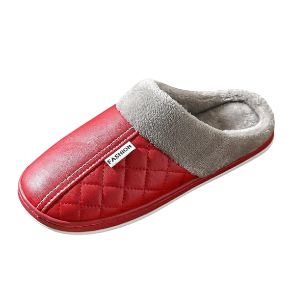 Rokment Women's Men's Winter Slippers Unisex Leather Fleece Lined Fuzzy House Shoes for Bedroom Home Indoor Cozy Warm Memory Foam Slip on Red Size 7