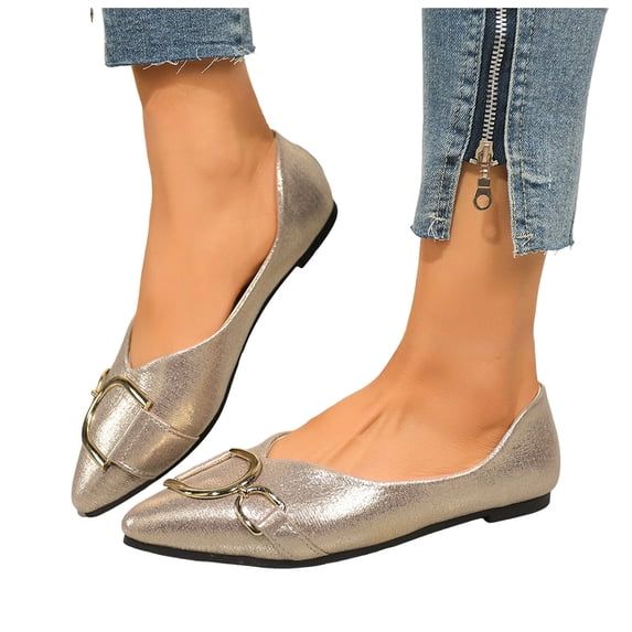 Rokment Women's Metallic Ballet Flat Dressy Shoes Elegant Fashion Casual Leather Buckles Pointed Toe Slip on Walking Loafers Bridal Glitter Dress Shoe Spring Fall Gold Size 7