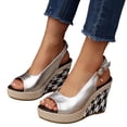 thumbnail image 1 of Rokment Women's Metallic Checkered Wedge Heeled Dressy Sandals Vintage Fashion Casual Leather Platform Chunky High Heels Slingback Summer Dress Shoes for Ladies Banquet Silver Size 7.5, 1 of 7