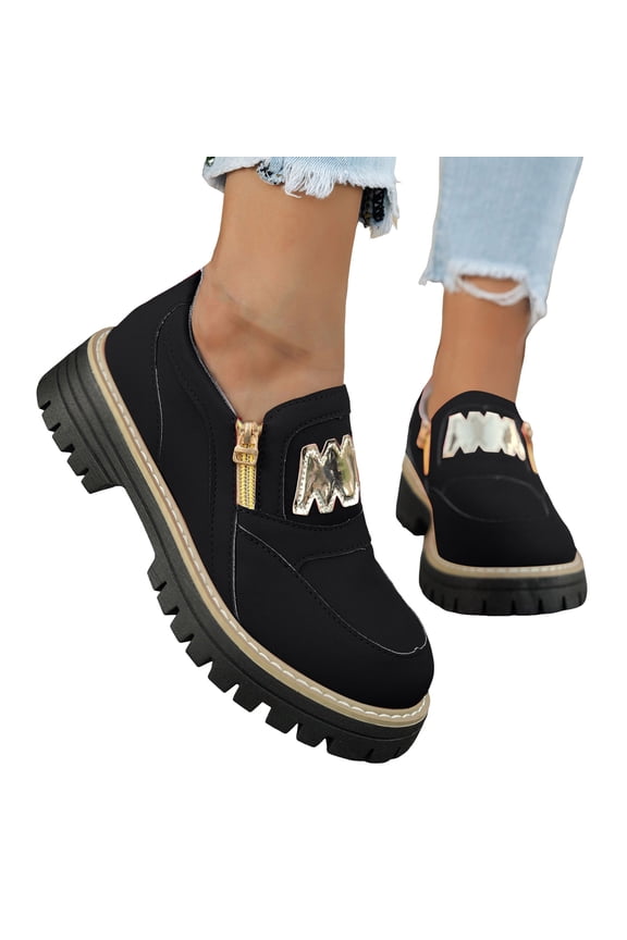 Women's Metallic Chunky Loafers 2026 Spring Fall Fashion Casual Leather Zip up Platform Oxfords British Walking Shoes for Women Black Size 6