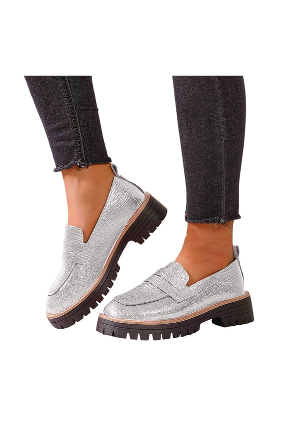 Women's Metallic Glitter Slip on Penny Loafers Oxfords Walking Shoes Sparkly Leather Platform Chunky Low Heels Performance Dress Shoes for Festival Silver Size 9.5