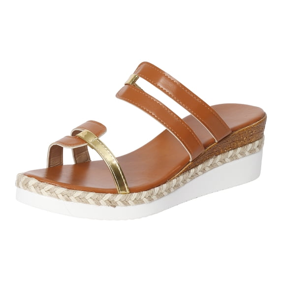 Rokment Women's Metallic Platform Wedge Dress Slides Sandals 2026 Summer Trendy Casual Leather Espadrilles Memory Foam Chunky Slip on High Heels for Ladies Coffee Size 6