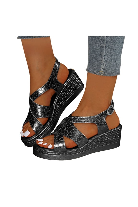 Women's Metallic Platform Wedge Sandals Vintage Comfortable Leather Open Toe Chunky High Heel Gladiator Walking Dress Sandal Beach Casual Dress Summer Shoes Black Size 7.5