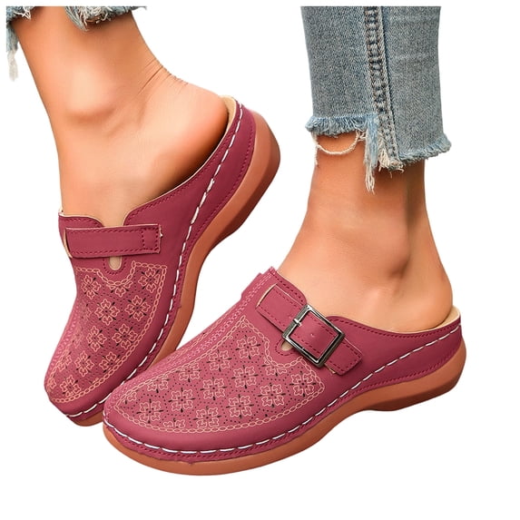 Rokment Women's Orthopedic Backless Sandals Beach Casual Buckles Closed Toe Arch Support Wedge Clogs Comfortable Platform Walking Mules Boho Retro Chunky Heels Dressy Slip on Slides Red Size 8