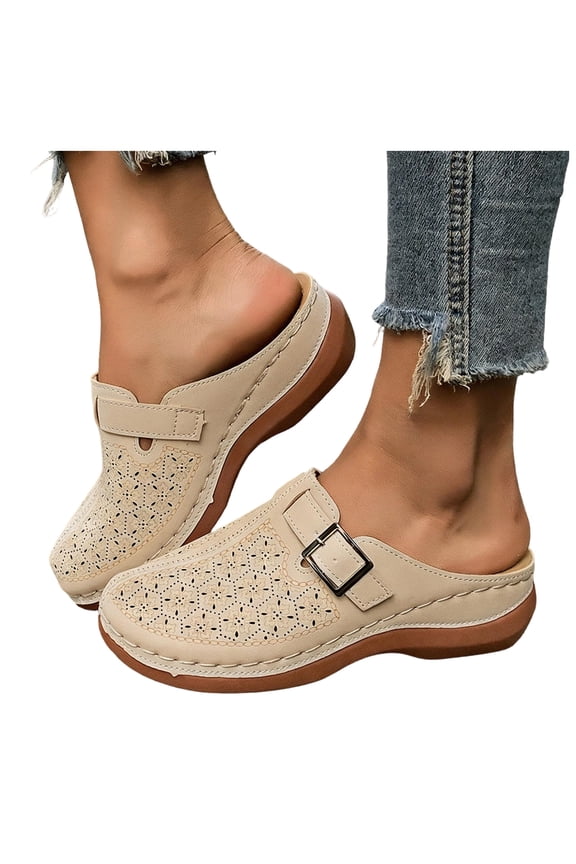 Women's Orthopedic Backless Sandals Beach Casual Buckles Closed Toe Arch Support Wedge Clogs Comfortable Platform Walking Mules Boho Retro Chunky Heels Dressy Slip on Slides Beige Size 7.5