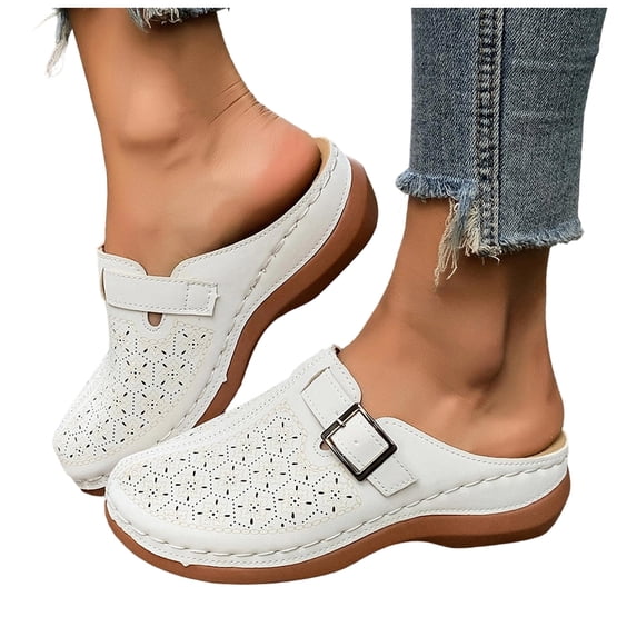 Rokment Women's Orthopedic Backless Sandals Beach Casual Buckles Closed Toe Arch Support Wedge Clogs Comfortable Platform Walking Mules Boho Retro Chunky Heels Dressy Slip on Slides White Size 8.5