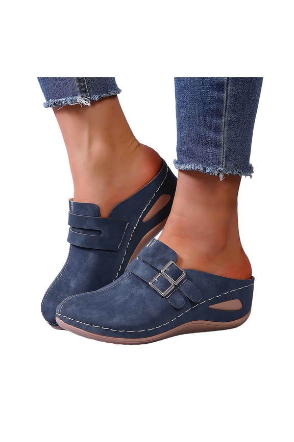Women's Orthopedic Clogs Platform Wedge Slippers Sandals with Arch Support Comfortable Closed Toe Chunky High Heels Mules Casual Backless Slides Shoes Blue Size 8