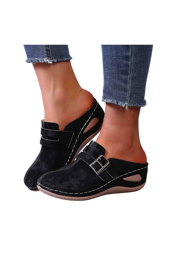 Women's Orthopedic Clogs Platform Wedge Slippers Sandals with Arch Support Comfortable Closed Toe Chunky High Heels Mules Casual Backless Slides Shoes Black Size 6