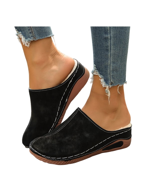 Women's Orthopedic Dress Clogs with Fleece Lined Arch Support Fall Winter Warm Casual Suede Platform Wedge Non Slip Walking Slippers for Work
