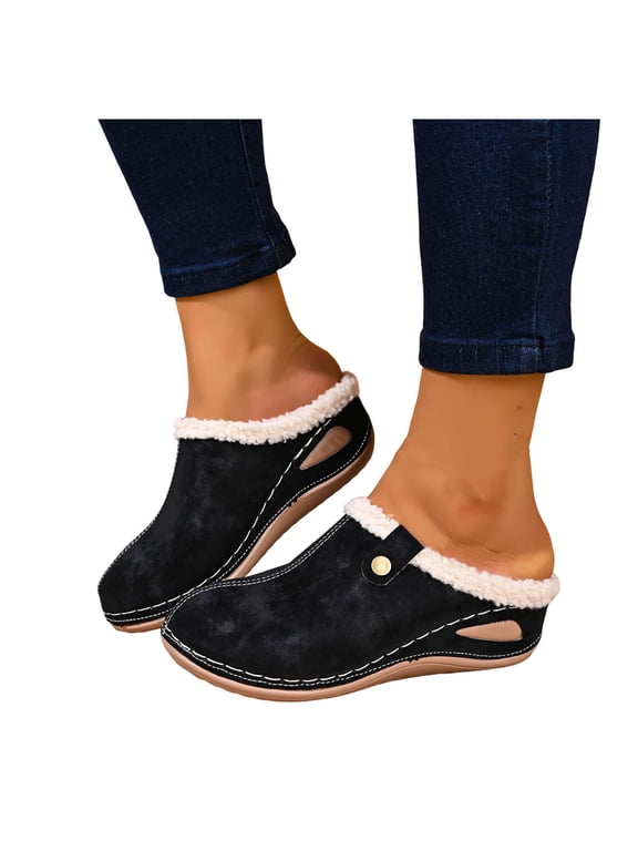 Women's Orthopedic Fuzzy Mules Clogs with Fleece Lined Casual Warm Winter Arch Support Platform Wedge Backless Walking Slip on Ankle Boots for Indoor Outdoor