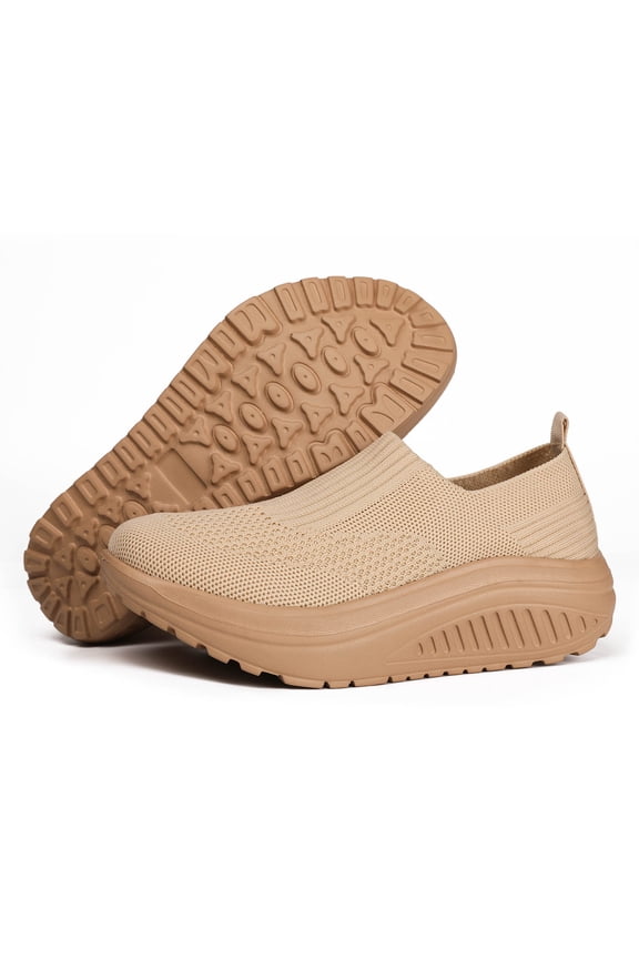 Women's Orthopedic Platform Chunky Slip on Sock Walking Shoes with Arch Support Comfortable Casual Knit Orthotic Non Slip Work Nursing Sneakers Khaki Size 9