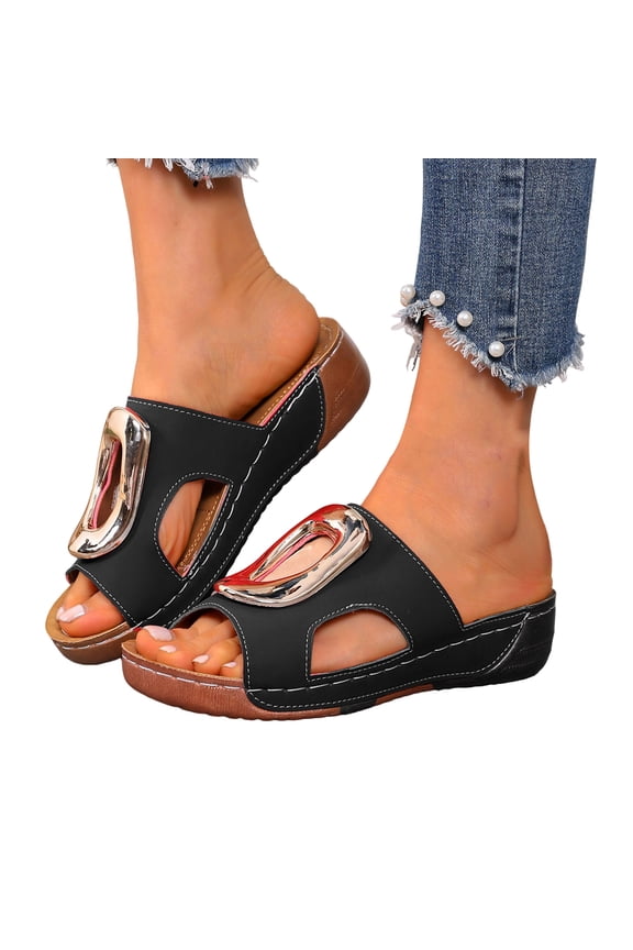Women's Orthopedic Platform Wedge Slip on Sandals Trendy Casual Leather Metallic Chunky Mid Heel Dress Slides Comfortable Walking Slippers for Beach Summer Black Size 7.5