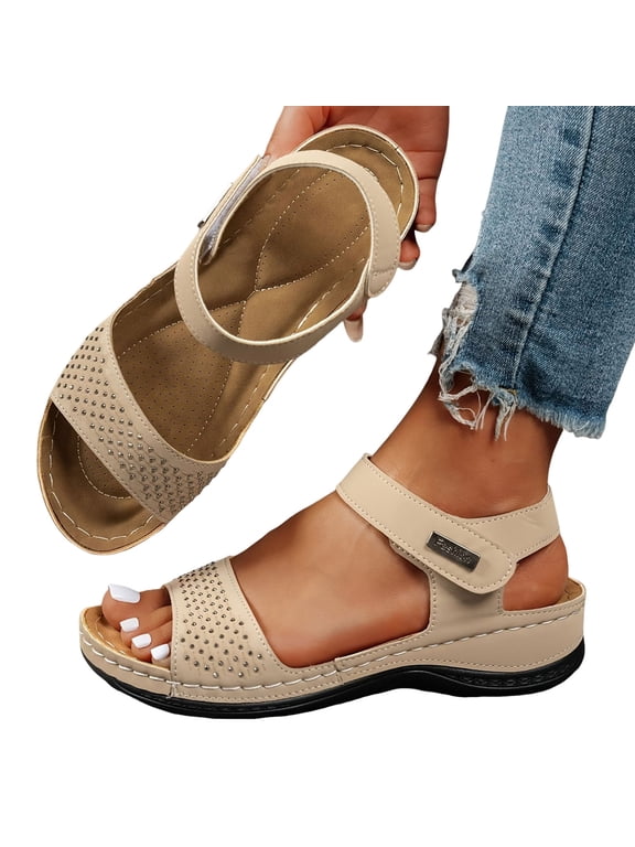 Women's Orthopedic Platform Wedges Walking Sandals Summer Fashion Comfortable Leather Arch Support Non Slip Work Dress Sandals for Ladies Beige Size 9