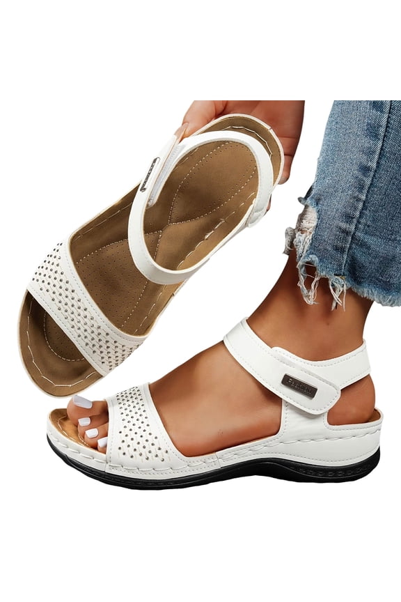 Women's Orthopedic Platform Wedges Walking Sandals Summer Fashion Comfortable Leather Arch Support Non Slip Work Dress Sandals for Ladies White Size 9