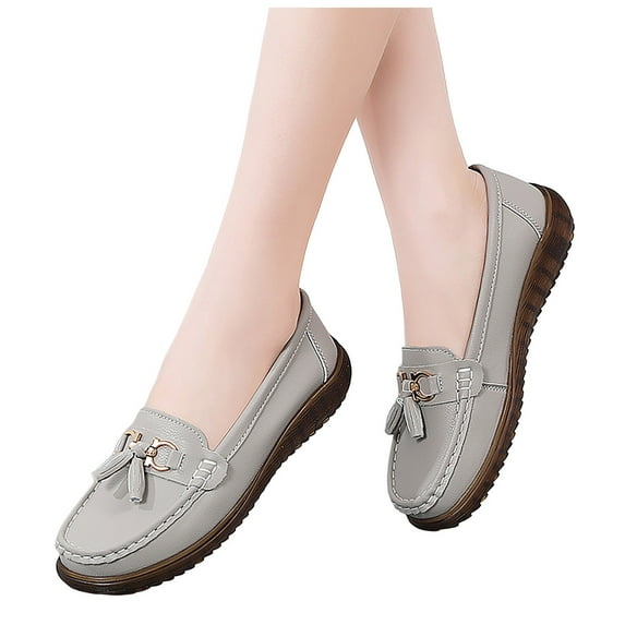 Rokment Women's Orthopedic Walking Loafers Comfortable Fashion Casual Leather Fringe Arch Support Wedge Slip on Nursing Work Flat Low Heel Oxfords Dress Shoes Grey Size 6.5