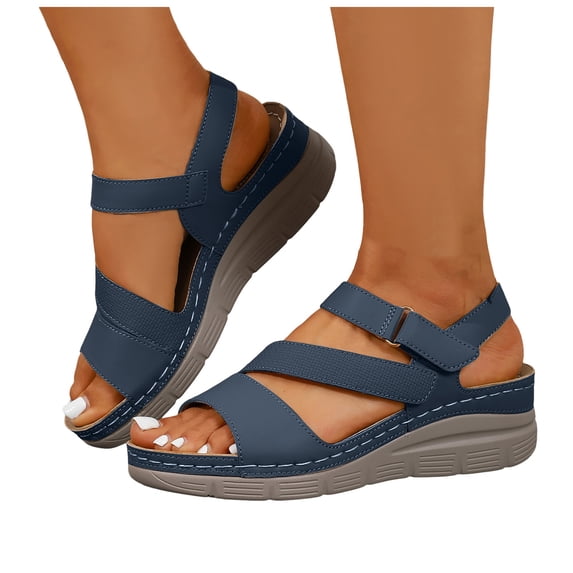 Rokment Women's Orthopedic Walking Sandals with Arch Support Comfortable Stylish Casual Leather Platform Wedge Orthotic Beach Summer Dressy Shoes Blue Size 7.5