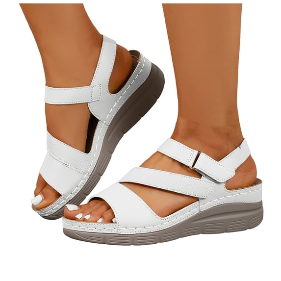 Rokment Women's Orthopedic Walking Sandals with Arch Support Comfortable Stylish Casual Leather Platform Wedge Orthotic Beach Summer Dressy Shoes White Size 7.5