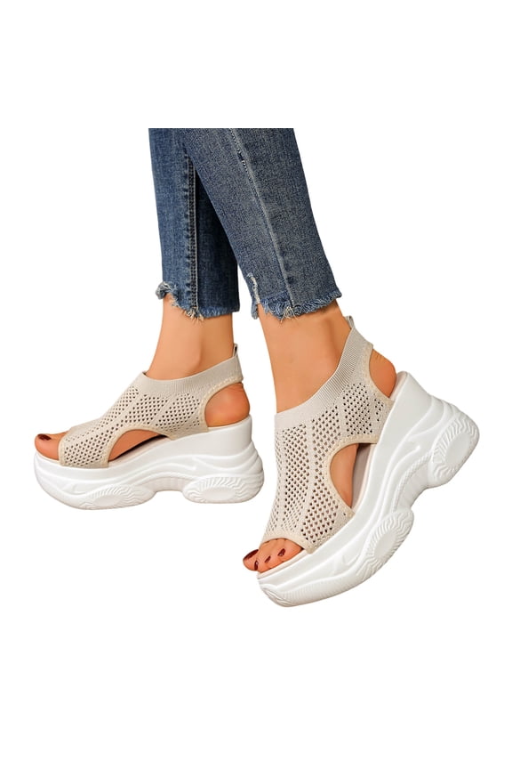 Women's Orthopedic Walking Sandals Breathable Comfortable Stretchy Mesh Platform Wedge High Heels Slip on Nursing Orthotic Summer Shoes Beige Size 8