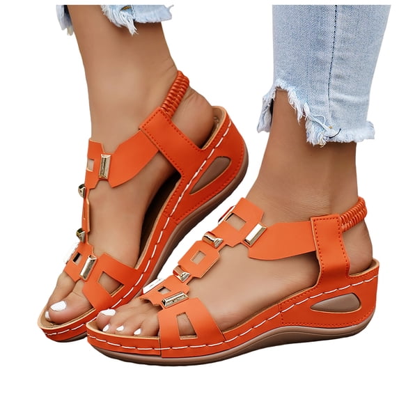 Rokment Women's Orthopedic Wedge Dressy Sandals with Arch Support Comfortable Platform Walking Summer Shoes Fashion Casual Metal Buckles Mules Slingback Mid Heels Dress Footwear Orange Size 7.5