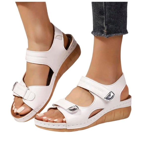 Rokment Women's Orthopedic Wedge Walking Sandals Beach Comfortable Arch Support Platform Mid Heels Non Slip Work Summer Shoes for Woman with Adjustable Straps White Size 8.5