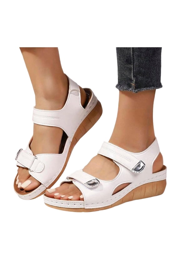 Women's Orthopedic Wedge Walking Sandals Beach Comfortable Arch Support Platform Mid Heels Non Slip Work Summer Shoes for Woman with Adjustable Straps White Size 8.5