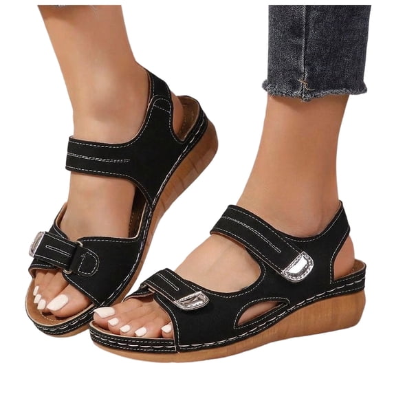 Rokment Women's Orthopedic Wedge Walking Sandals Beach Comfortable Arch Support Platform Mid Heels Non Slip Work Summer Shoes for Woman with Adjustable Straps Black Size 8
