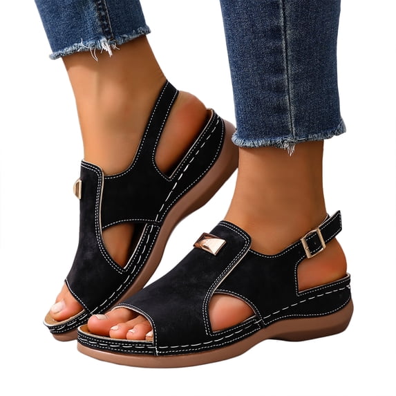 Rokment Women's Orthopedic Wedges Gladiator Sandals Comfortable Fashion Leather Peep Open Toe Arch Support Non Slip Walking Work Platform Slingback Sandals for Woman Black Size 6