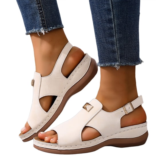 Rokment Women's Orthopedic Wedges Gladiator Sandals Comfortable Fashion Leather Peep Open Toe Arch Support Non Slip Walking Work Platform Slingback Sandals for Woman White Size 8