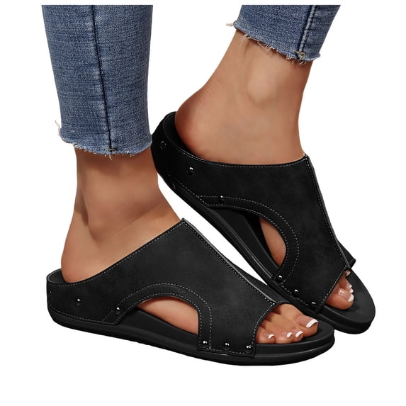 Rokment Women's Orthopedic Wedges Gladiator Slides Sandals Vintage Casual Comfortable Leather Open Toe Arch Support Platform Mid Heel Walking Slip on Sandal for Woman Beach Summer Black Size 6