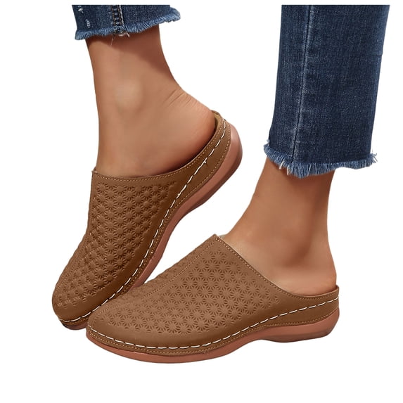 Rokment Women's Orthotic Clogs Comfortable Platform Wedges Slip on Walking Sandals Beach Summer Leather Closed Toe Mid Heel Mules Nursing Work Slides Shoes Brown Size 7