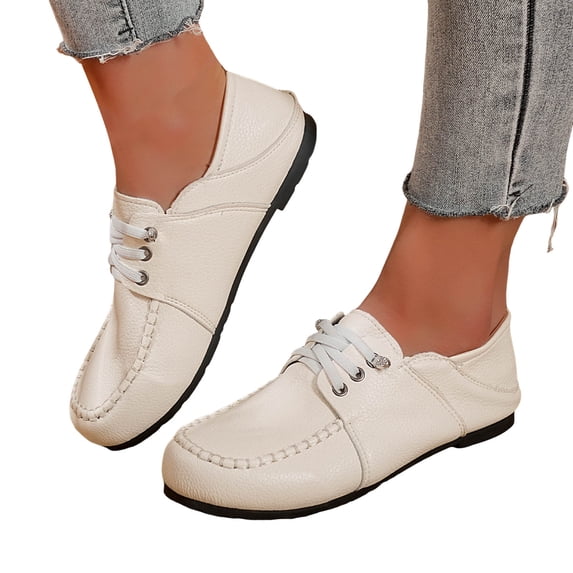 Rokment Women's Oxfords Dress Walking Shoes Vintage Casual Leather Lace up Flat Comfortable Soft Sole Slip on Fashion Sneakers White Size 7.5
