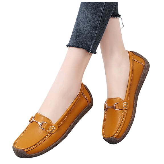 Rokment Women's Oxfords Penny Loafers Boat Shoes for Pregnant Women Comfortable Soft Leather Slip on Ballet Flat Low Heel Walking Dress Sneakers Orange Size 8
