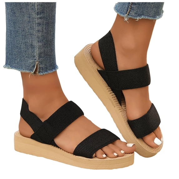 Rokment Women's Platform Beach Sandals Stylish Simple Comfortale Elastic Band Open Toe Chunky Mid Heel Memory Foam Slingback Walking Dress Summer Shoes B Size 8.5