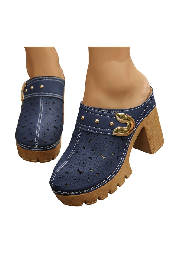 Women's Platform Chunky Block High Heels Clogs and Mules Spring Summer Fashion Metallic Buckles Leather Hollow out Closed Toe Lug Sole Heeled Backless Dress Slides Sandals Navy Size 8.5